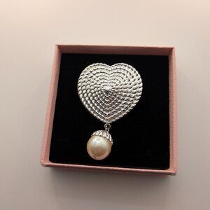 Vintage Silver Tone Rope Textured Heart Brooch with Faux Pearl Drop
